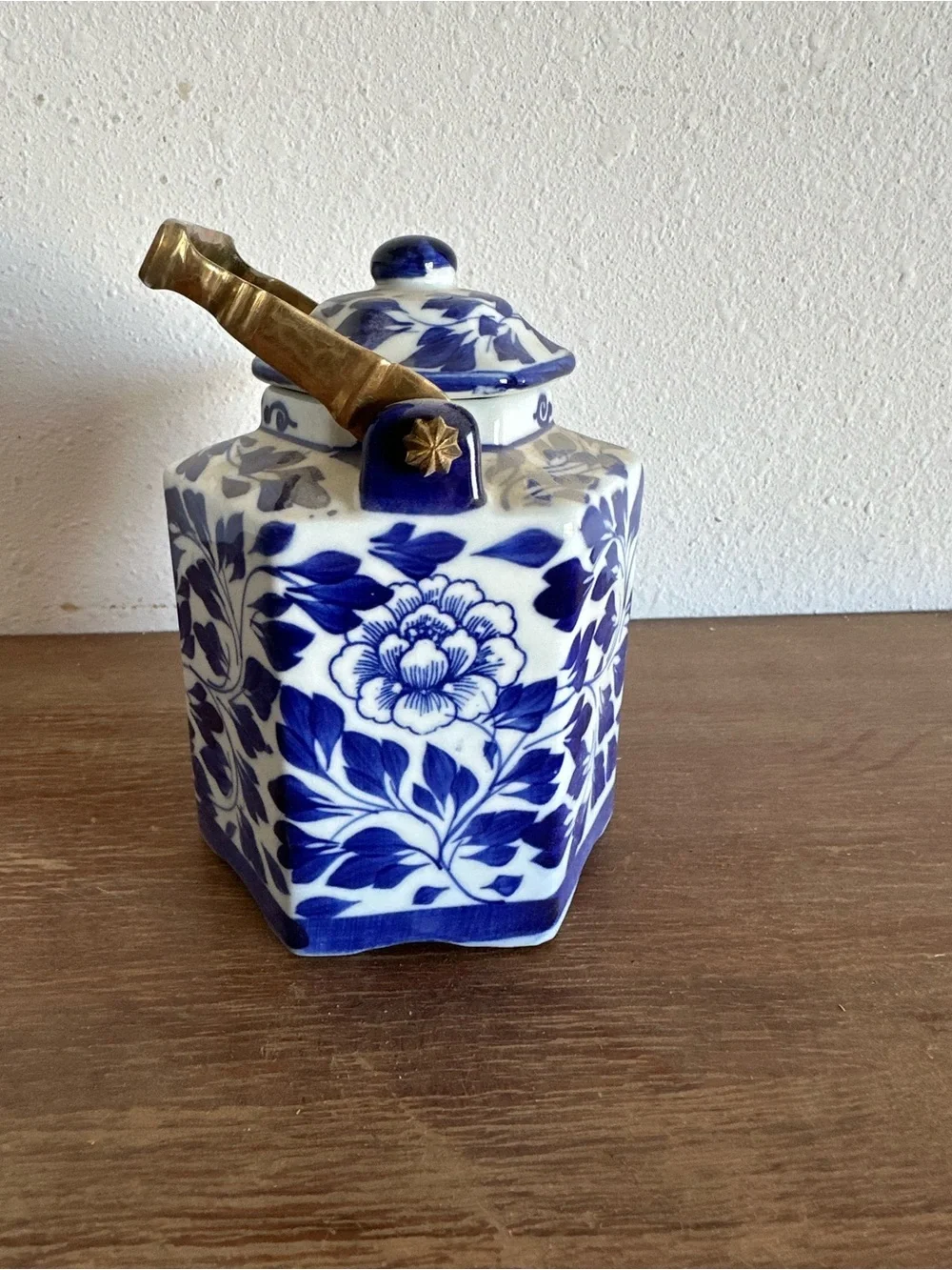 FLORENCE Blue and White Floral Ceramic Teapot with Brass Handle